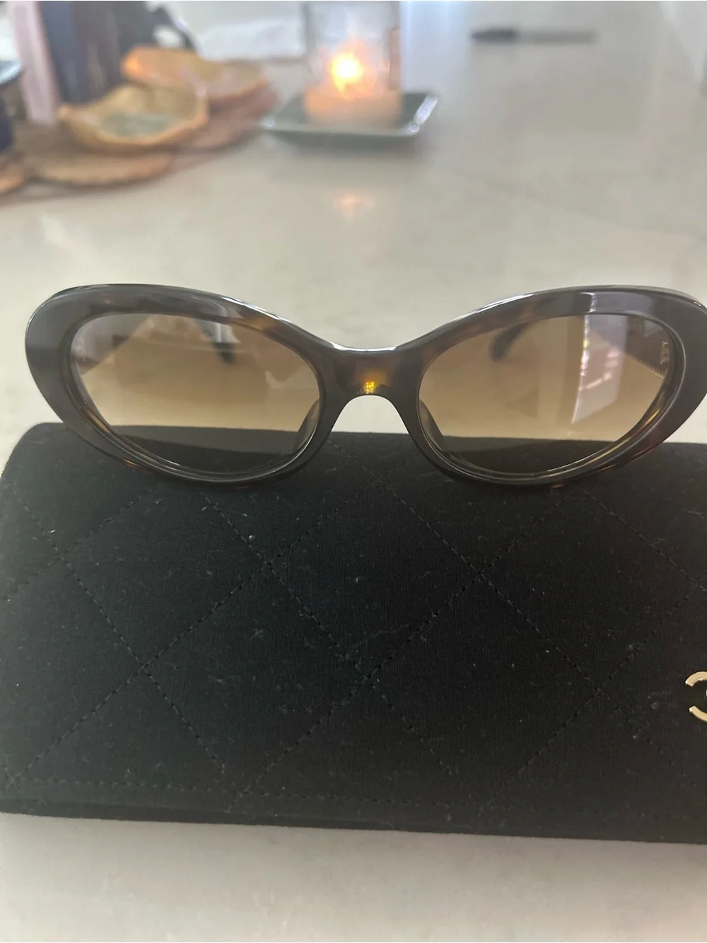 CHANEL Brown Gradient Oval Sunglasses with Quilted Case